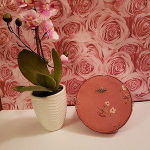 Coach Circular Shaped Leather Change Purse In Redish/Coral with Flower Patterns